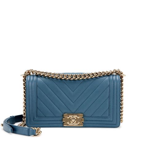 Chanel Grey Blue Chevron Caviar Boy Bag Gold Hardware 